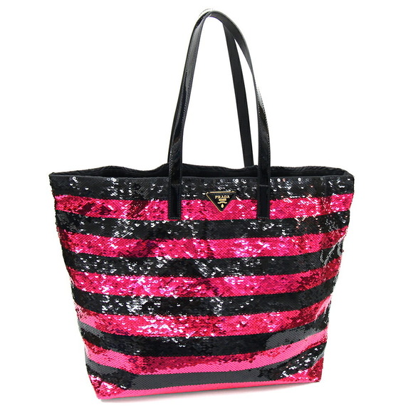Prada Bag Sequins Pink Patent Border Black Tote Bag Shoulder - Picture 1 of 8